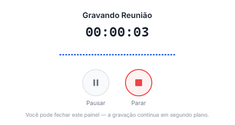 Modal de gravação de reunião com cronômetro e controles